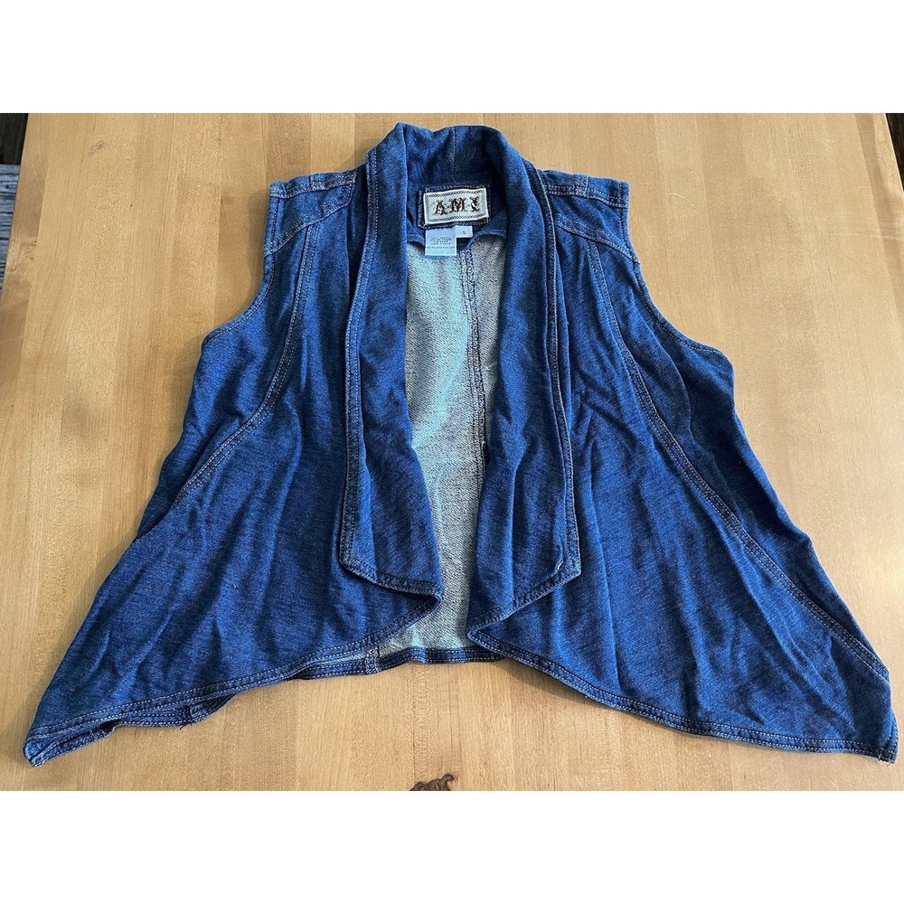 AMI Open Drape Front Denim Jean Vest Women's Size S Small Blue 100% Cotton